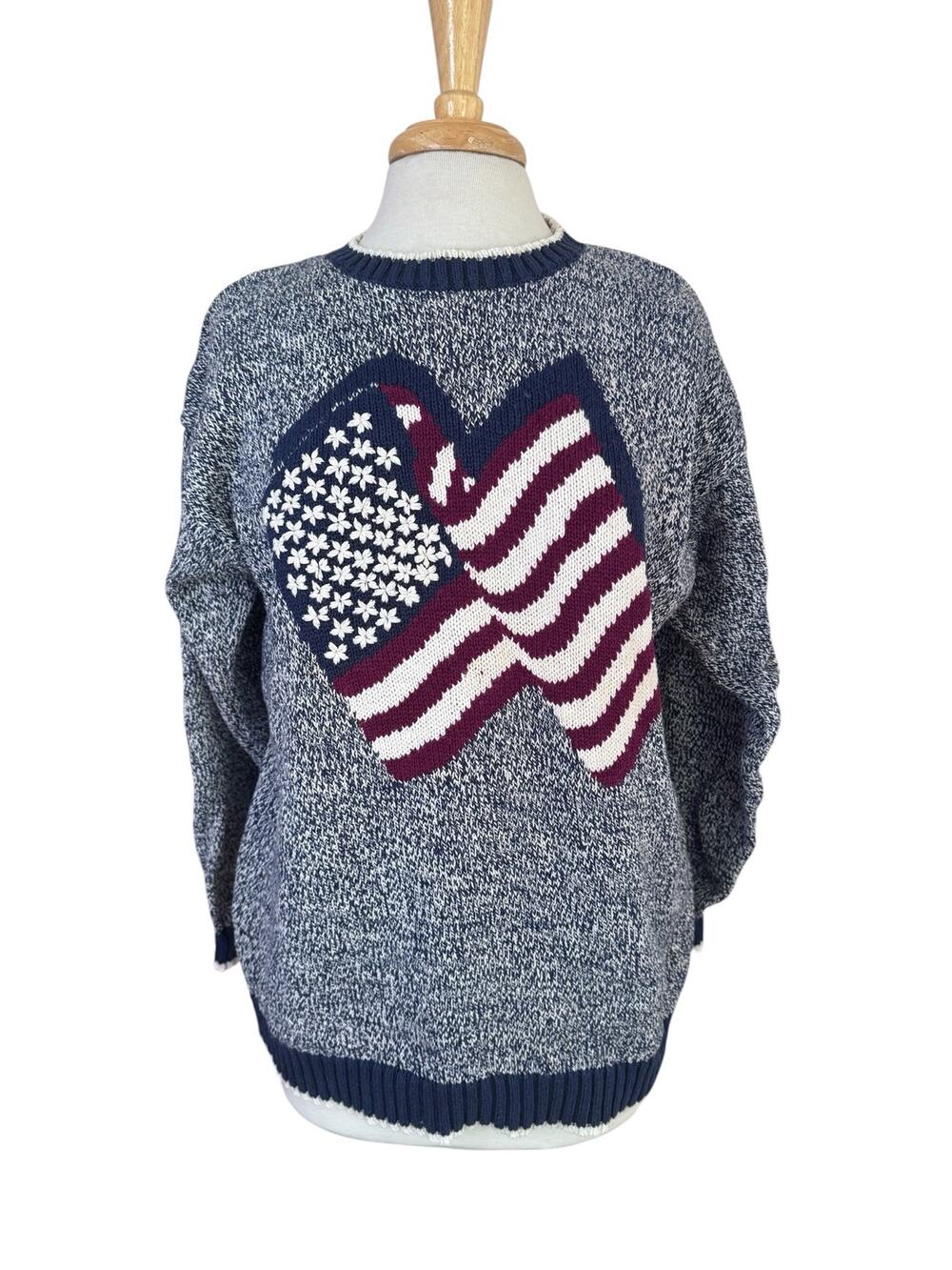 Vintage 90s American Flag Heathered Knit Sweater Size Medium Womens CRAZY HORSE